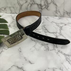 Vintage 70s Tooled Leather Belt Size 26 Frontier Traders Disneyland Black Silver